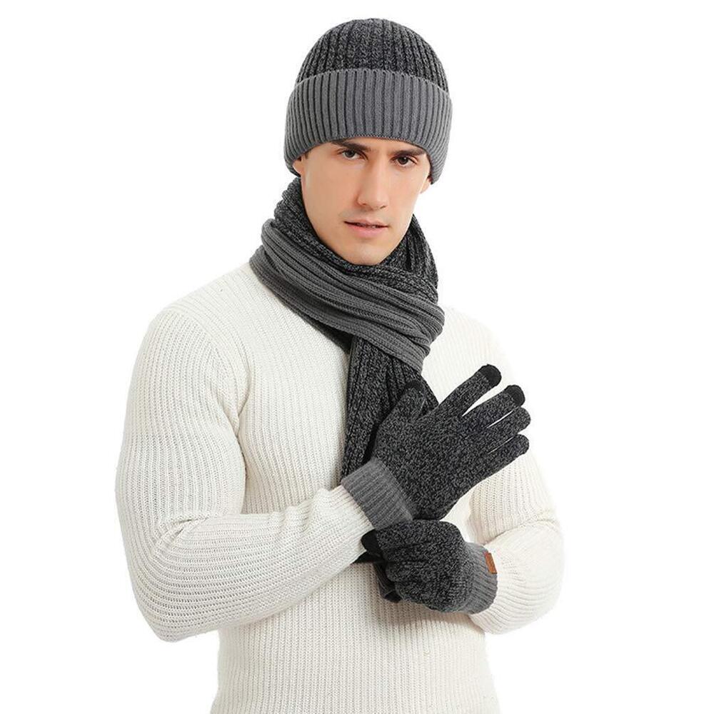 9912 Beanie Scarf Gloves Set Knit Winter Fleece Lining Thick Hat Shawl dark